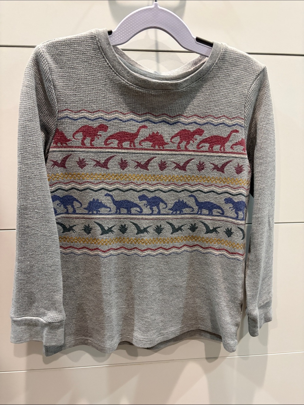 Kids Grey Thermal Top with Colorful Dinosaur Stripes